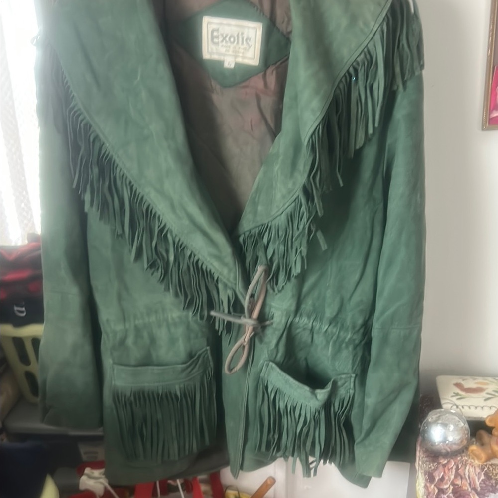Green Leather Fringe Jacket with Western Flair vintage jacket